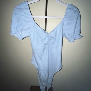 SHEIN Blue Ribbed V-Neck Bodysuit